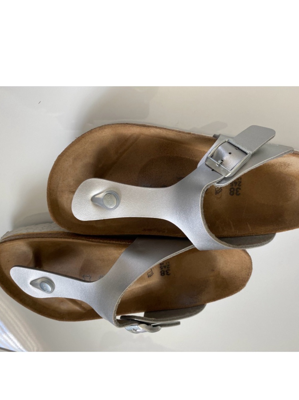 Birkenstock Gizeh Papillio Metallic Silver Toe-Post Cork Sandal W-7 M-5 - Picture 4 of 6